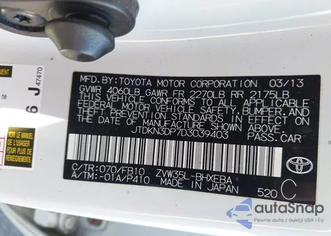 2013 Toyota Prius Plug-In z USA, uszkodzony, nr VIN JTDKN3DP7D3039403